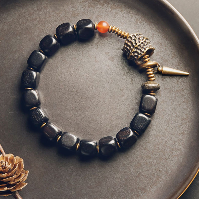 Stone of buddha Ebony Wood Copper Brass Red Agate Peace Bracelet