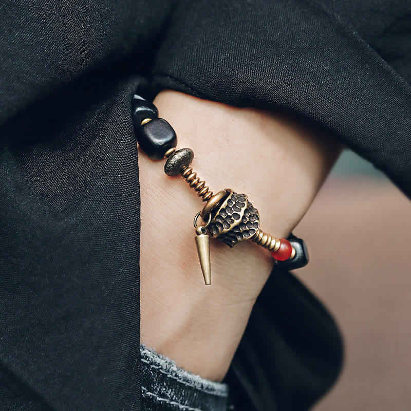 Stone of buddha Ebony Wood Copper Brass Red Agate Peace Bracelet