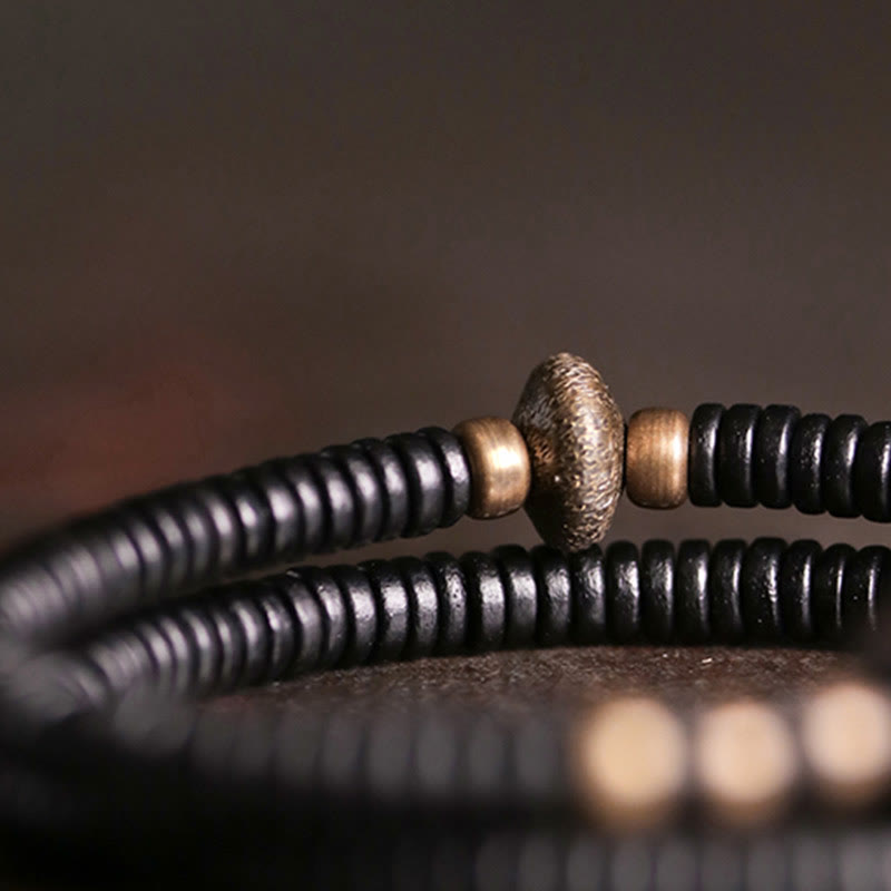 Stone of buddha Ebony Wood Copper Brass Peace Double Wrap Bracelet