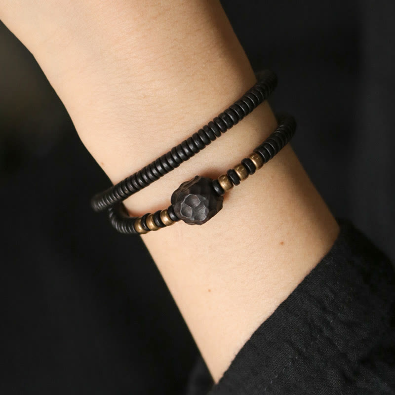 Stone of buddha Ebony Wood Copper Brass Peace Double Wrap Bracelet
