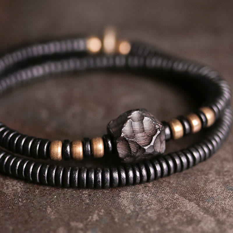 Stone of buddha Ebony Wood Copper Brass Peace Double Wrap Bracelet