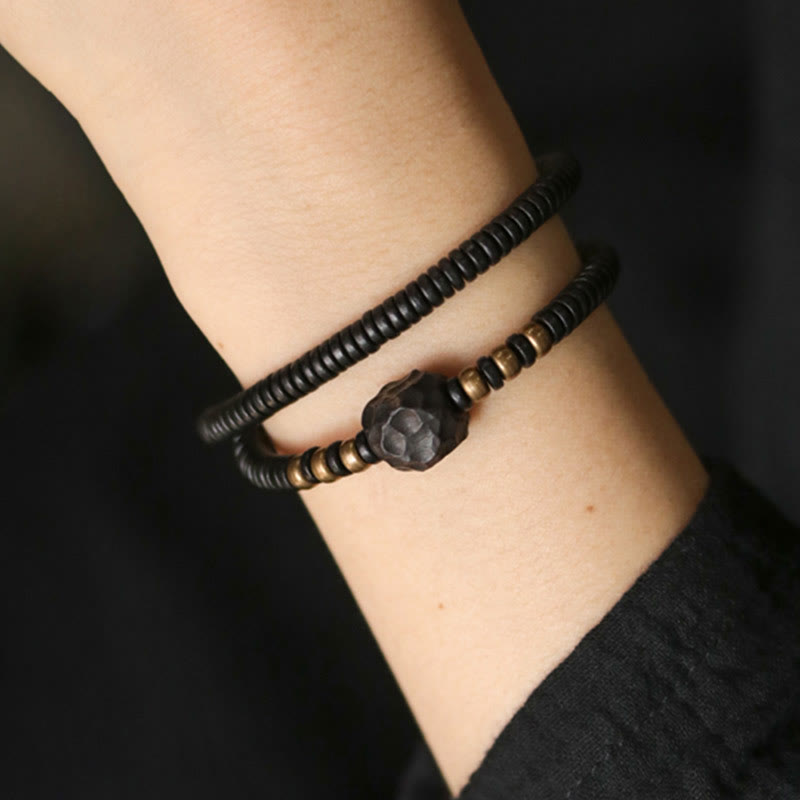 Stone of buddha Ebony Wood Copper Brass Peace Double Wrap Bracelet