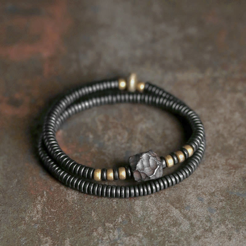 Stone of buddha Ebony Wood Copper Brass Peace Double Wrap Bracelet