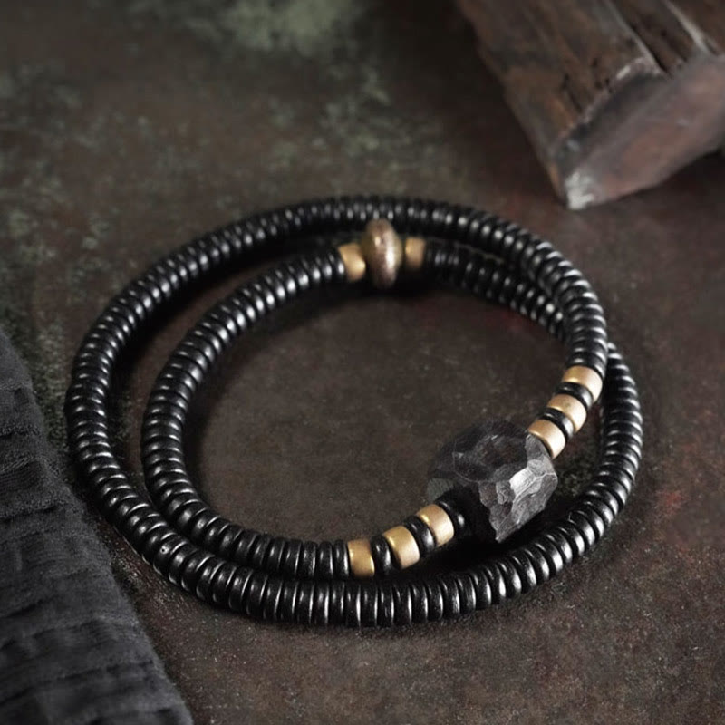 Stone of buddha Ebony Wood Copper Brass Peace Double Wrap Bracelet