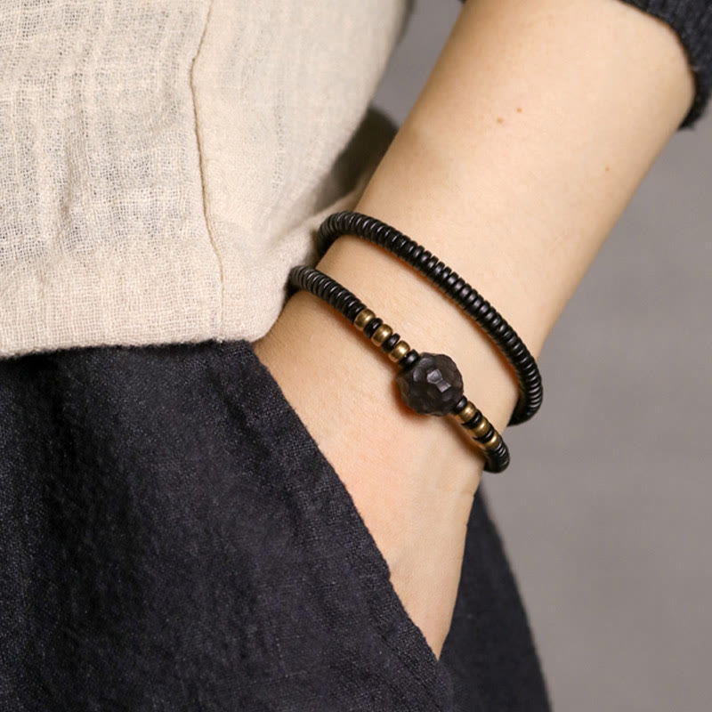 Stone of buddha Ebony Wood Copper Brass Peace Double Wrap Bracelet