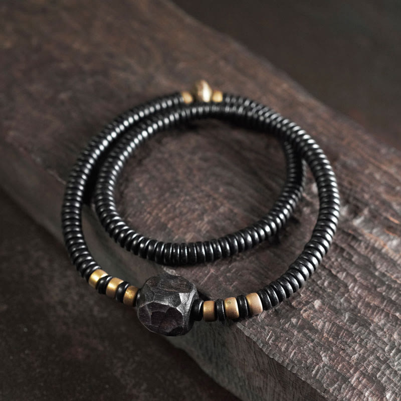 Stone of buddha Ebony Wood Copper Brass Peace Double Wrap Bracelet