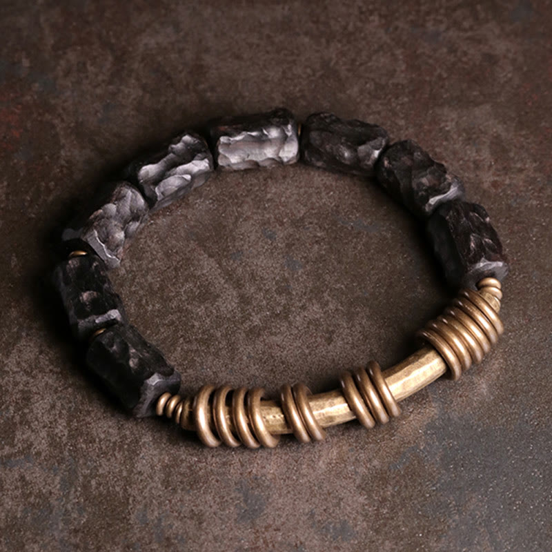 Stone of buddha Ebony Wood Copper Brass Circular Ring Peace Bracelet