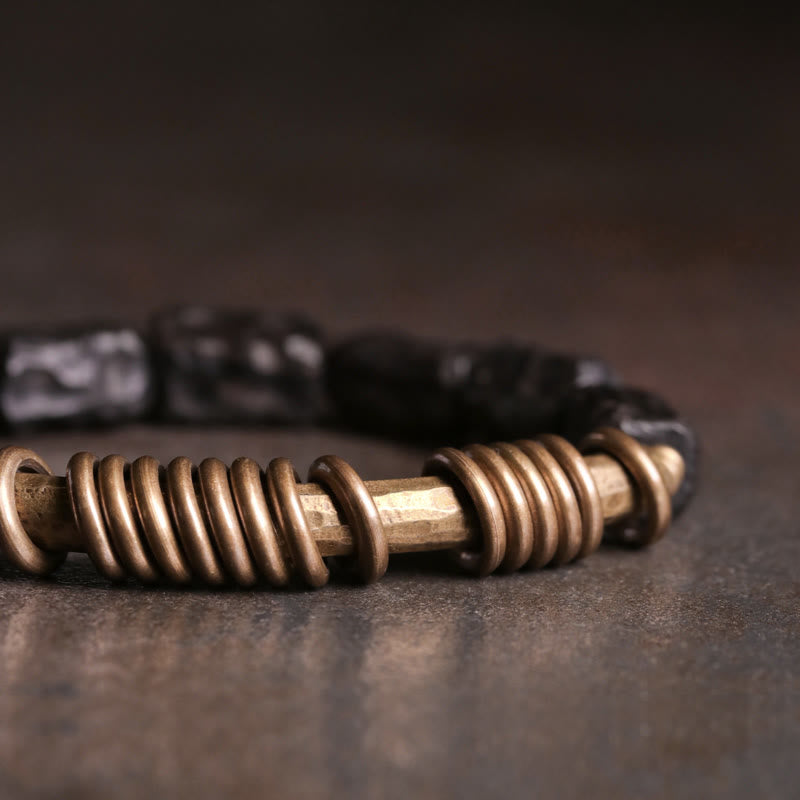 Stone of buddha Ebony Wood Copper Brass Circular Ring Peace Bracelet