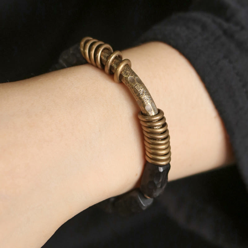 Stone of buddha Ebony Wood Copper Brass Circular Ring Peace Bracelet