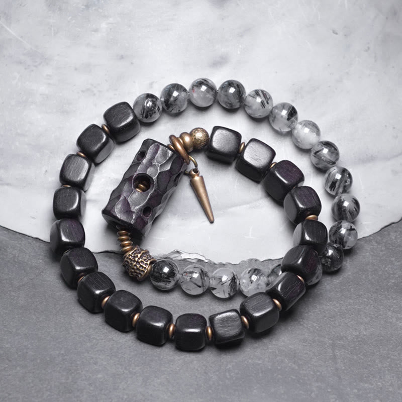 Stone of buddha Ebony Wood Black Rutilated Quartz Copper Brass Double Wrap Balance Bracelet