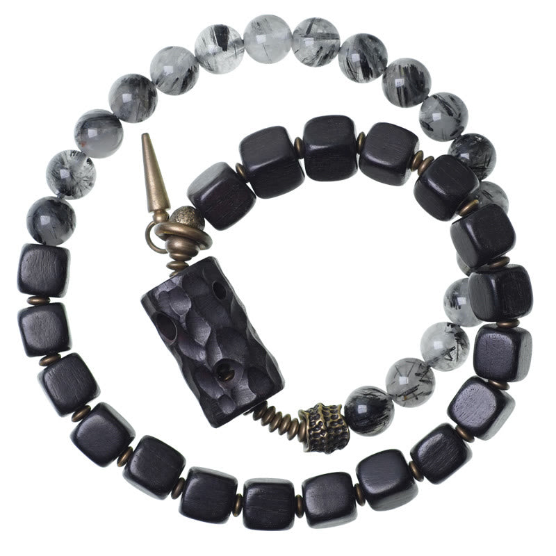Stone of buddha Ebony Wood Black Rutilated Quartz Copper Brass Double Wrap Balance Bracelet