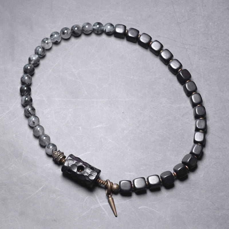 Stone of buddha Ebony Wood Black Rutilated Quartz Copper Brass Double Wrap Balance Bracelet