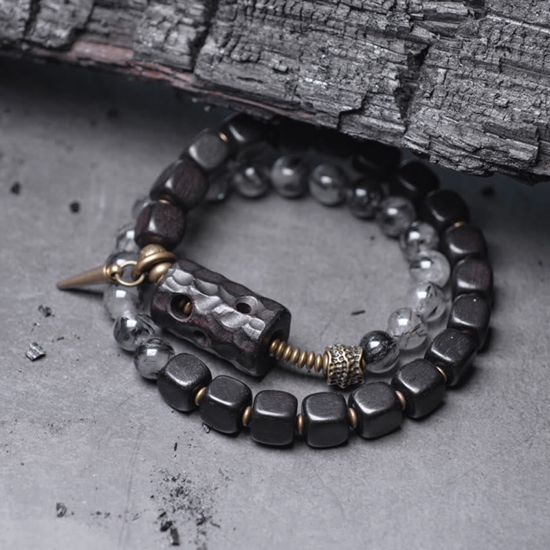 Stone of buddha Ebony Wood Black Rutilated Quartz Copper Brass Double Wrap Balance Bracelet