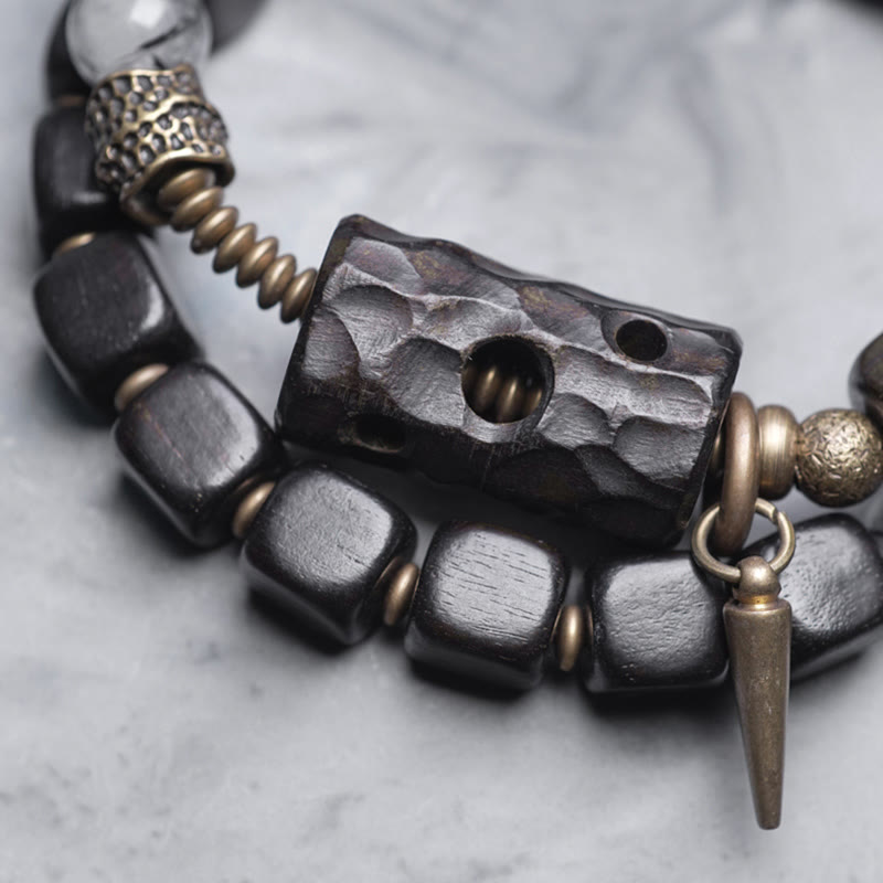Stone of buddha Ebony Wood Black Rutilated Quartz Copper Brass Double Wrap Balance Bracelet