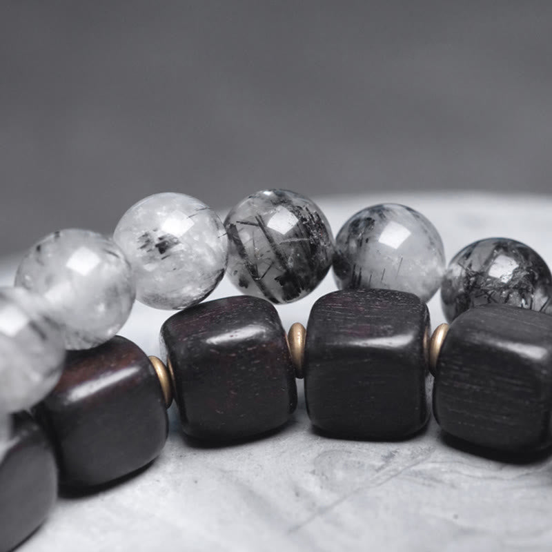 Stone of buddha Ebony Wood Black Rutilated Quartz Copper Brass Double Wrap Balance Bracelet
