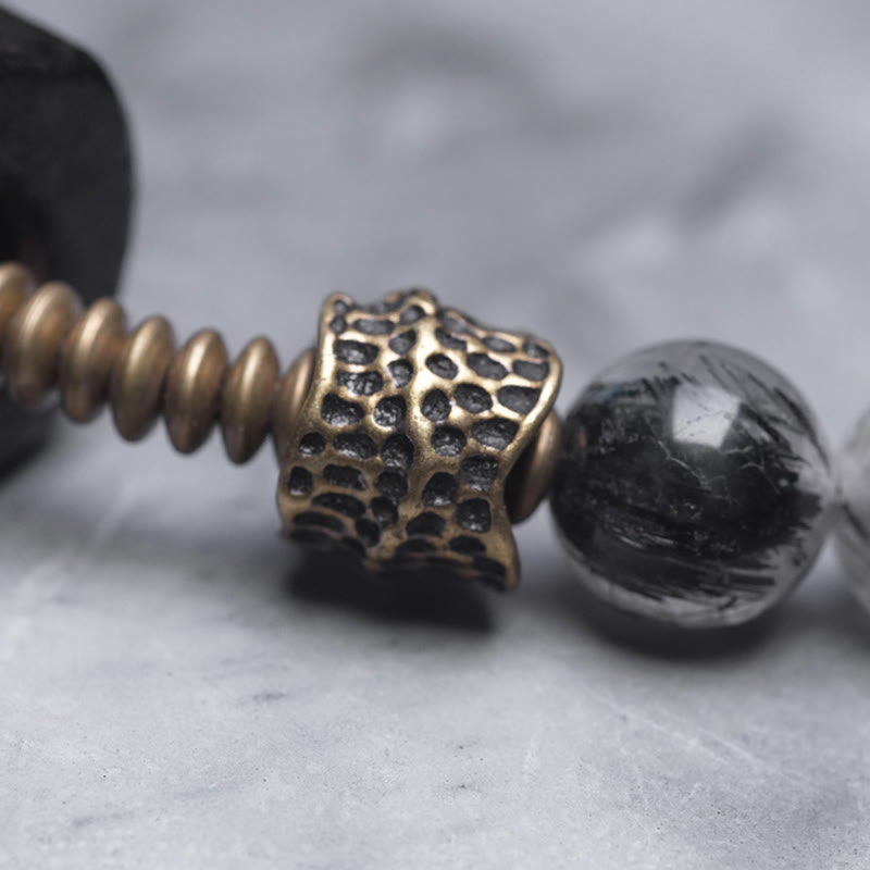 Stone of buddha Ebony Wood Black Rutilated Quartz Copper Brass Double Wrap Balance Bracelet
