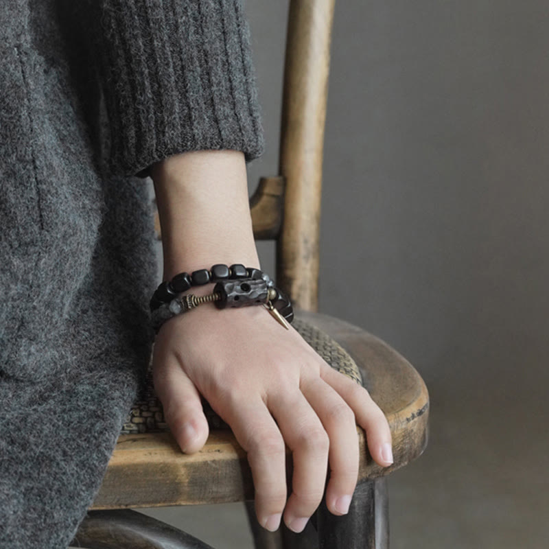 Stone of buddha Ebony Wood Black Rutilated Quartz Copper Brass Double Wrap Balance Bracelet