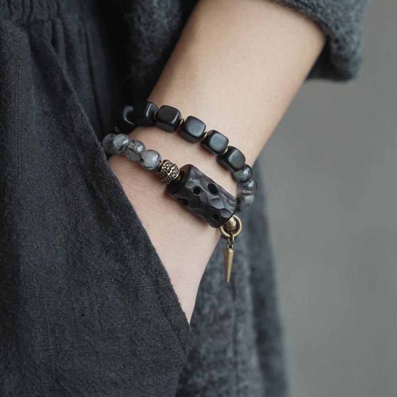 Stone of buddha Ebony Wood Black Rutilated Quartz Copper Brass Double Wrap Balance Bracelet