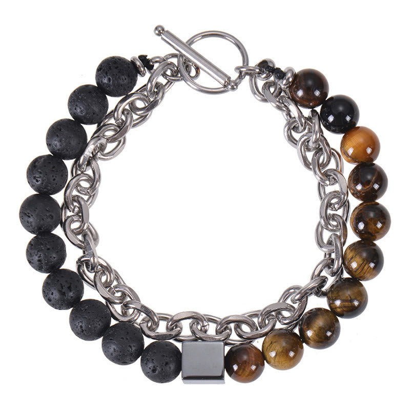 Stone of buddha Colorful Tiger Eye Frosted Stone Black Magnetite Titanium Steel Double Wrap Protection Bracelet