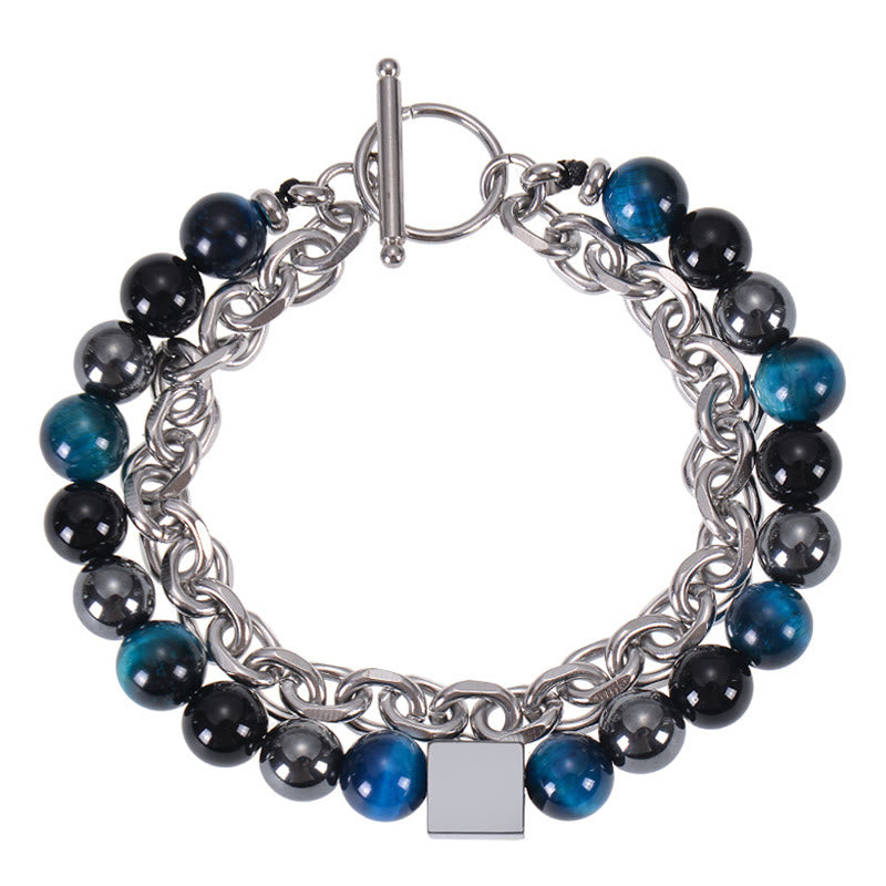Stone of buddha Colorful Tiger Eye Frosted Stone Black Magnetite Titanium Steel Double Wrap Protection Bracelet