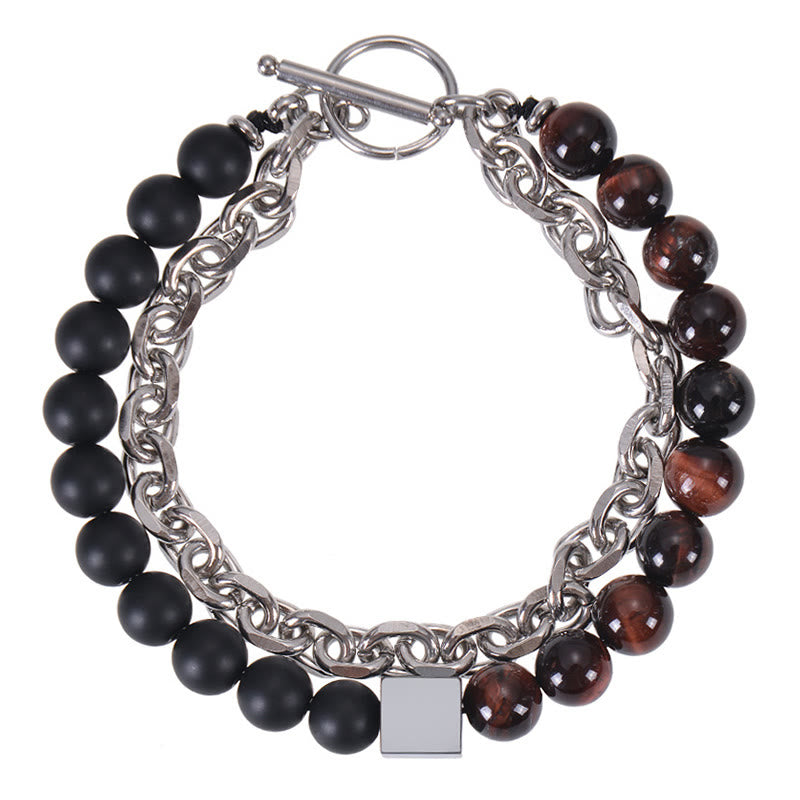 Stone of buddha Colorful Tiger Eye Frosted Stone Black Magnetite Titanium Steel Double Wrap Protection Bracelet