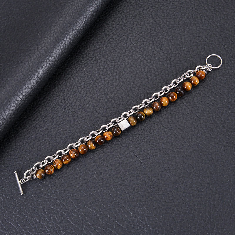 Stone of buddha Colorful Tiger Eye Frosted Stone Black Magnetite Titanium Steel Double Wrap Protection Bracelet
