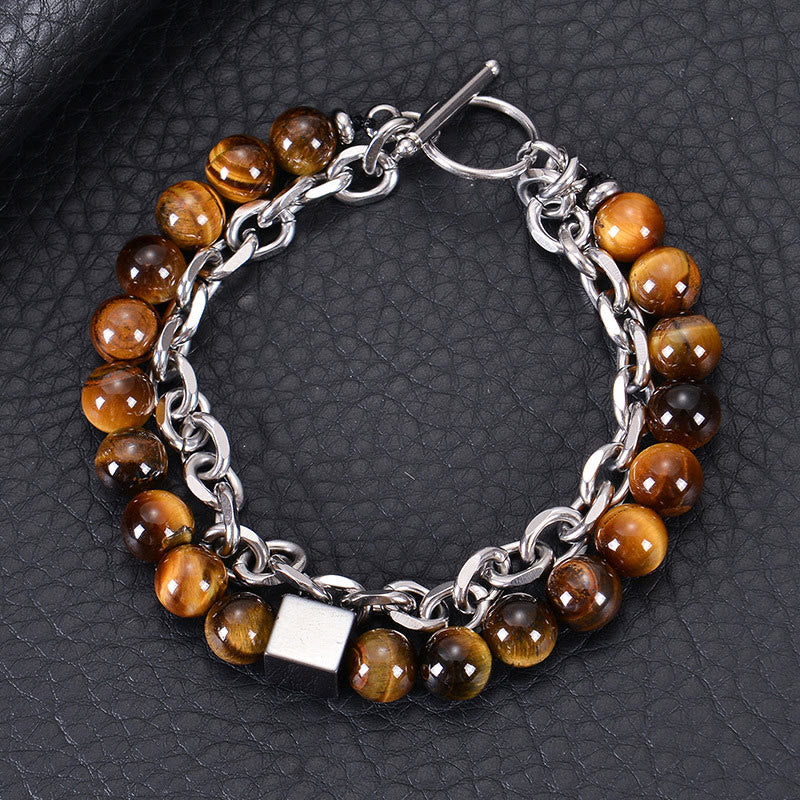 Stone of buddha Colorful Tiger Eye Frosted Stone Black Magnetite Titanium Steel Double Wrap Protection Bracelet