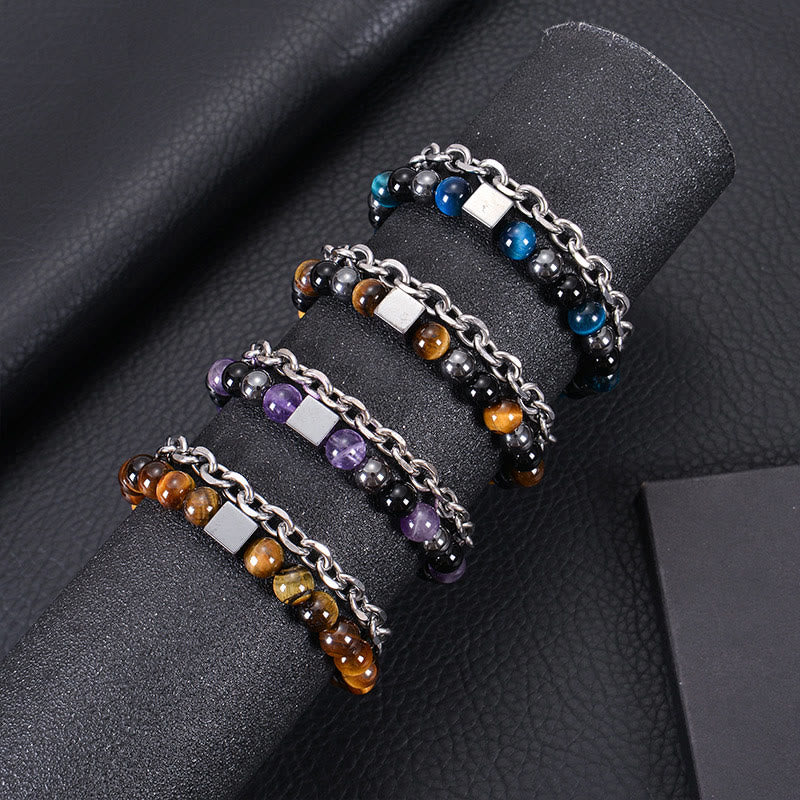 Stone of buddha Colorful Tiger Eye Frosted Stone Black Magnetite Titanium Steel Double Wrap Protection Bracelet