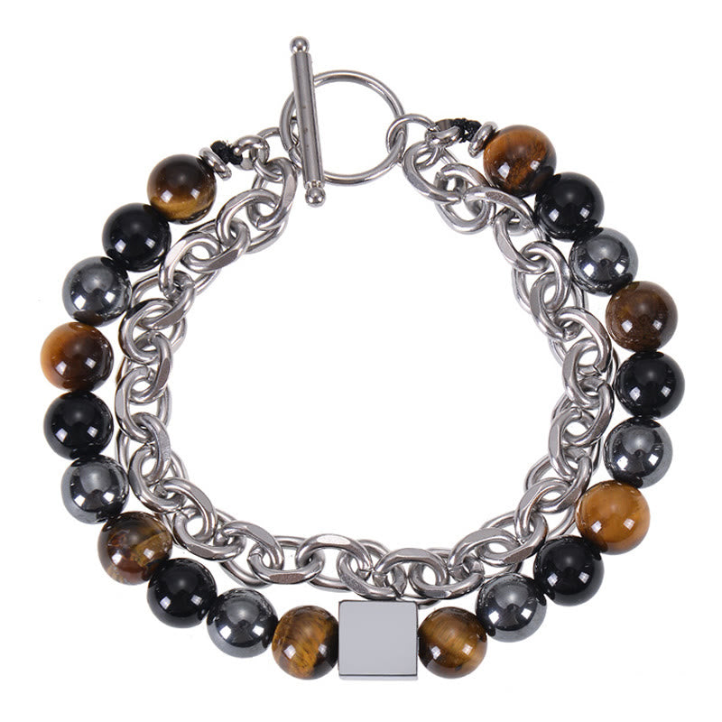 Stone of buddha Colorful Tiger Eye Frosted Stone Black Magnetite Titanium Steel Double Wrap Protection Bracelet