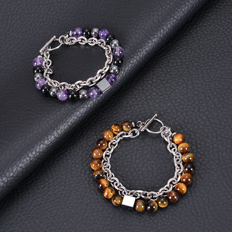 Stone of buddha Colorful Tiger Eye Frosted Stone Black Magnetite Titanium Steel Double Wrap Protection Bracelet