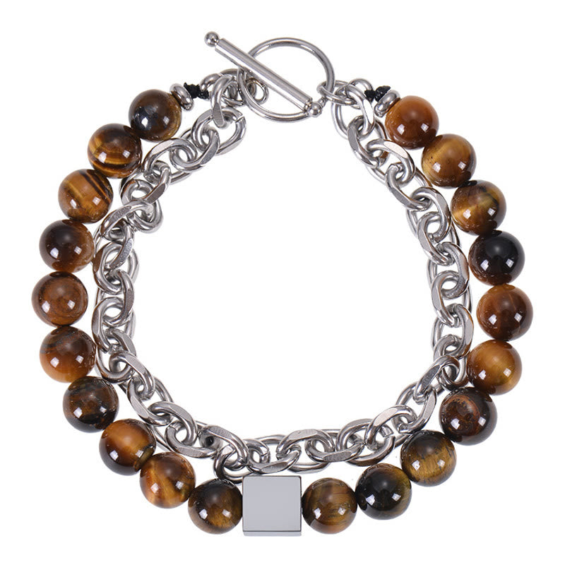 Stone of buddha Colorful Tiger Eye Frosted Stone Black Magnetite Titanium Steel Double Wrap Protection Bracelet
