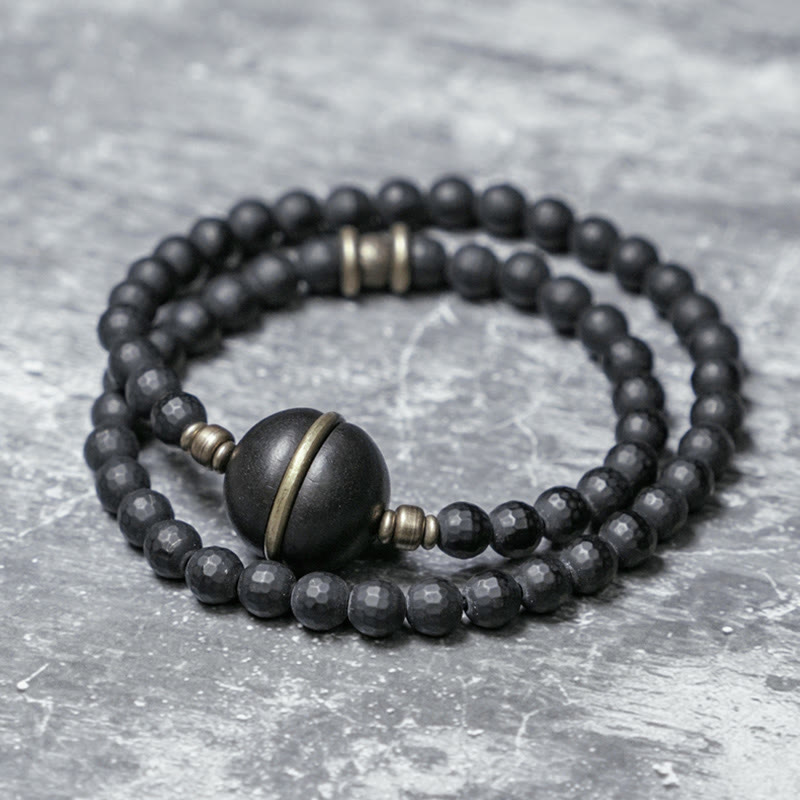Stone of buddha Frosted Cut Surface Black Onyx Ebony Beads Double Wrap Protection Bracelet