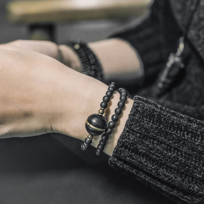 Stone of buddha Frosted Cut Surface Black Onyx Ebony Beads Double Wrap Protection Bracelet