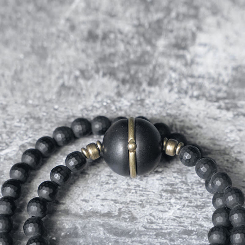 Stone of buddha Frosted Cut Surface Black Onyx Ebony Beads Double Wrap Protection Bracelet
