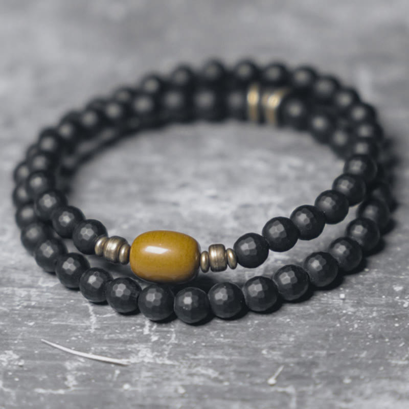 Stone of buddha Frosted Cut Surface Black Onyx Topaz Beads Double Wrap Protection Bracelet