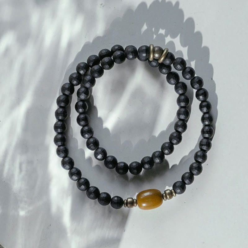 Stone of buddha Frosted Cut Surface Black Onyx Topaz Beads Double Wrap Protection Bracelet
