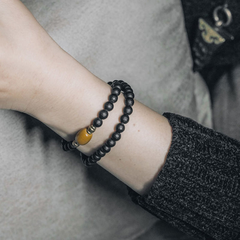 Stone of buddha Frosted Cut Surface Black Onyx Topaz Beads Double Wrap Protection Bracelet