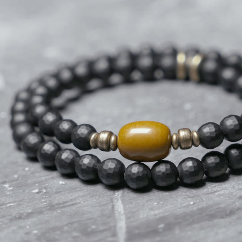 Stone of buddha Frosted Cut Surface Black Onyx Topaz Beads Double Wrap Protection Bracelet