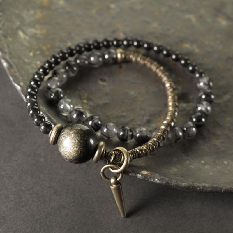 Stone of buddha Gold Sheen Obsidian Black Rutilated Quartz Copper Brass Double Wrap Protection Bracelet