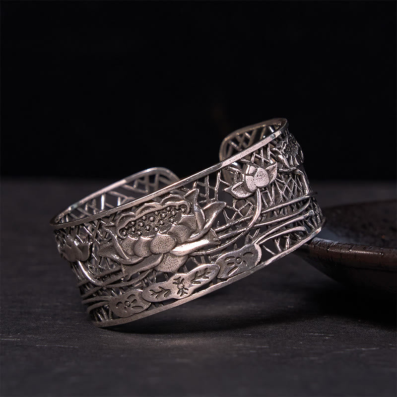 Stone of buddha Hollow Lotus Silver Plated Copper Healing Enlightenment Bracelet Bangle