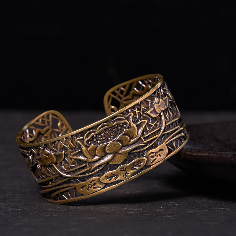 Stone of buddha Hollow Lotus Silver Plated Copper Healing Enlightenment Bracelet Bangle