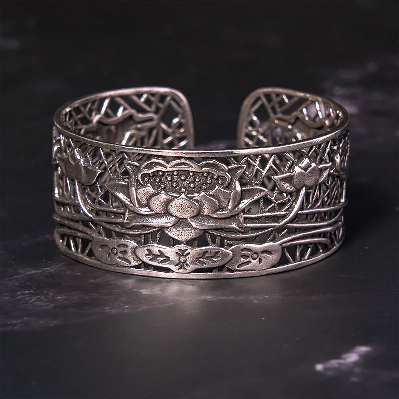 Stone of buddha Hollow Lotus Silver Plated Copper Healing Enlightenment Bracelet Bangle