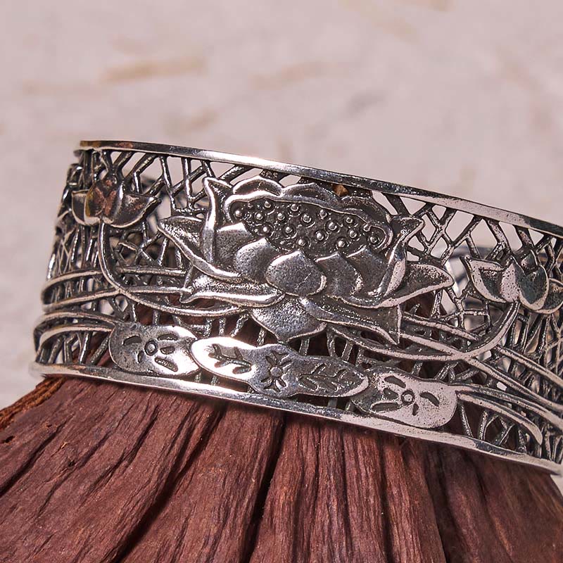 Stone of buddha Hollow Lotus Silver Plated Copper Healing Enlightenment Bracelet Bangle