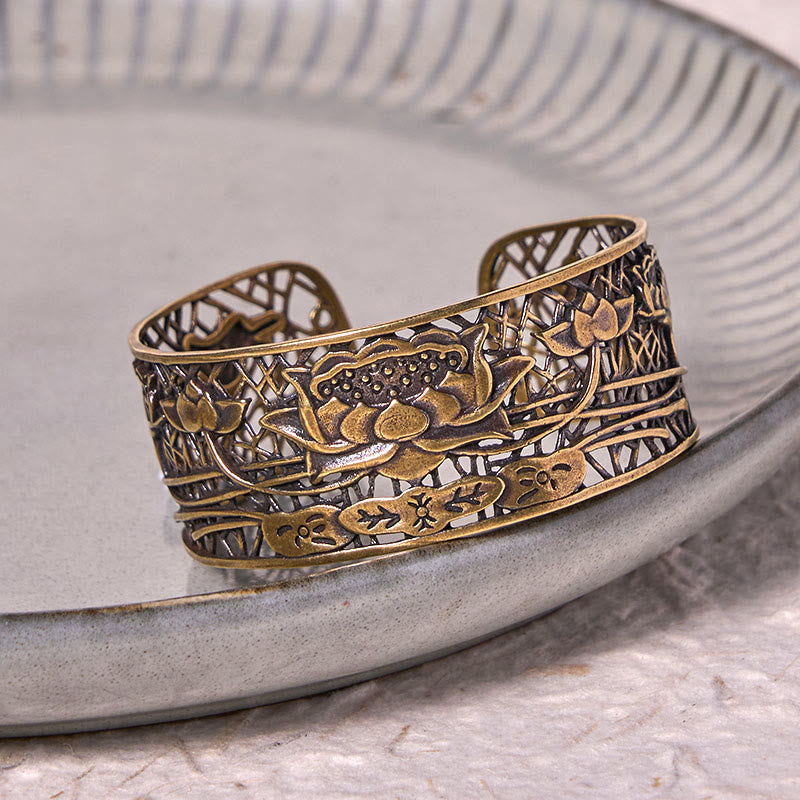 Stone of buddha Hollow Lotus Silver Plated Copper Healing Enlightenment Bracelet Bangle