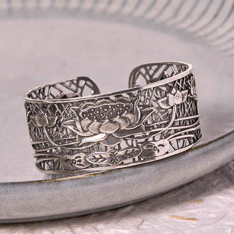Stone of buddha Hollow Lotus Silver Plated Copper Healing Enlightenment Bracelet Bangle