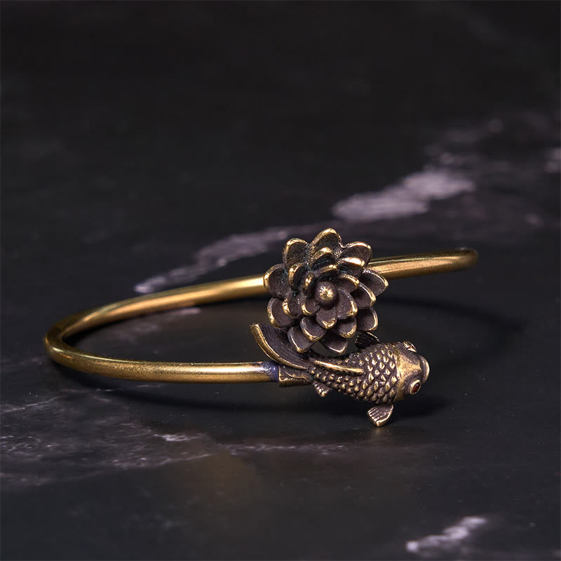 Stone of buddha Lotus Flower Koi Fish Copper Brass Enlightenment Luck Bracelet Bangle