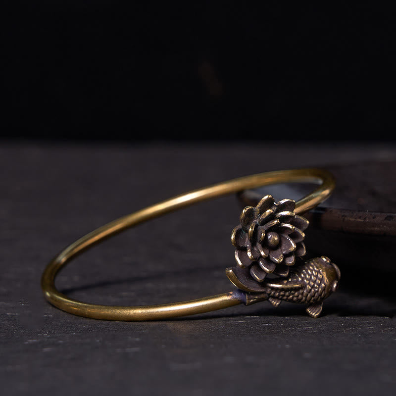 Stone of buddha Lotus Flower Koi Fish Copper Brass Enlightenment Luck Bracelet Bangle