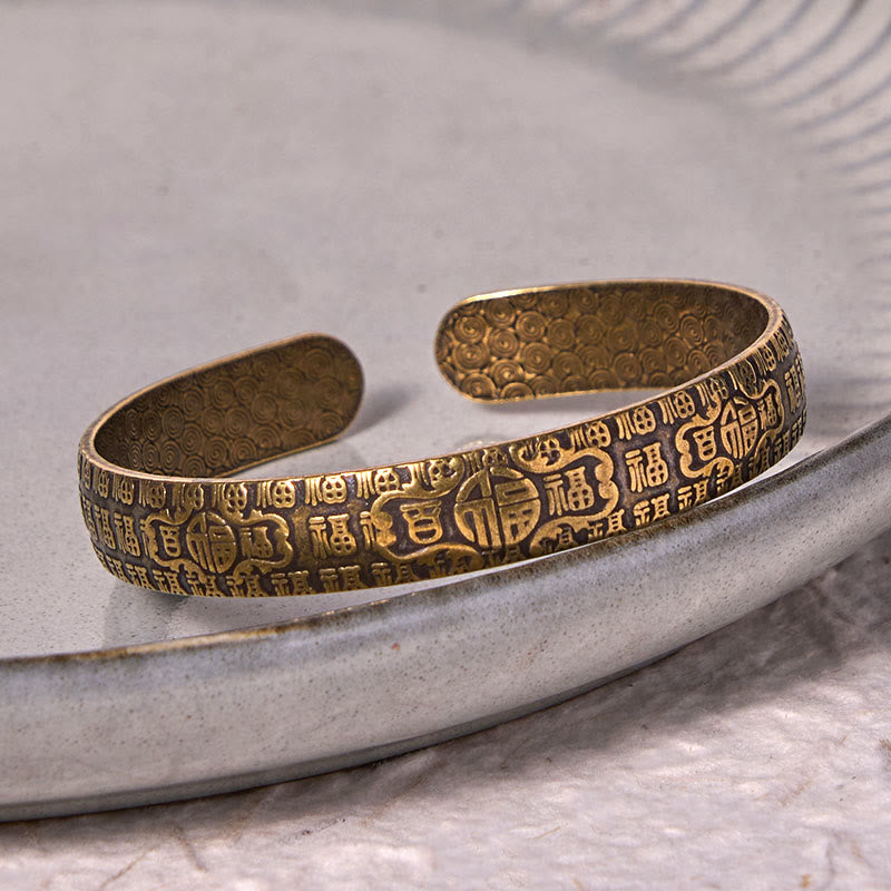 Stone of buddha Hundred Blessings Fu Character Copper Brass Luck Bracelet Bangle