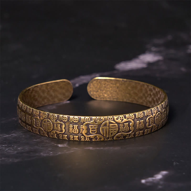 Stone of buddha Hundred Blessings Fu Character Copper Brass Luck Bracelet Bangle