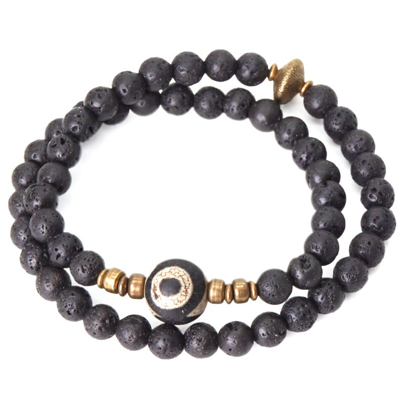 Stone of buddha Vintage Lava Rock Three-eyed Dzi Bead Copper Brass Beads Double Wrap Healing Bracelet